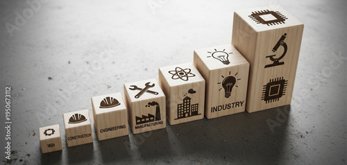 Wooden Blocks With Industry Icons Arranged in Ascending Order on Floor construction