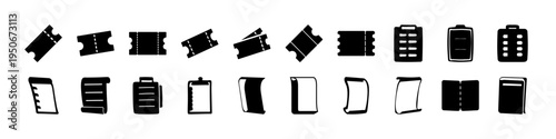 Black Document and File Format Icon Set - Collection of black silhouette document and file icons showing different page styles, file formats, and paper layouts for office, UI, and software design.