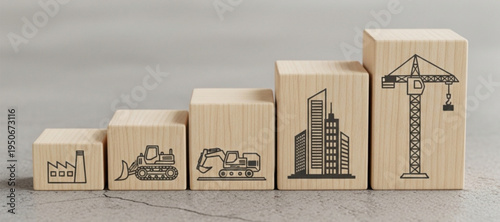Wooden Blocks With Industry Icons Arranged in Ascending Order on Floor construction