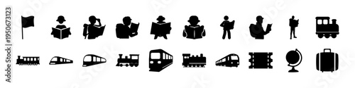 Black Transportation and Travel Silhouette Icon Set - Collection of black silhouette icons featuring transportation vehicles, passengers, luggage, and travel symbols useful for maps, tourism, and navi
