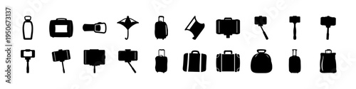 Black Luggage and Travel Bag Icon Set - Collection of black silhouette luggage, suitcase, and travel bag icons in different styles, useful for tourism, airport services, and travel interface design.