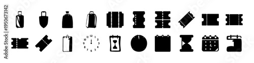 Black Battery Energy and Power Icon Set - Collection of black silhouette battery, charging, and power icons including battery levels, plugs, clocks, and energy symbols for UI and technology design.