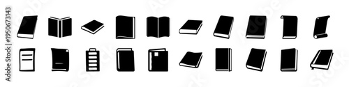 Black Book and Notebook Silhouette Icon Set - Collection of black book and notebook silhouettes in different angles and positions, useful for education, library, reading, and digital interface symbols