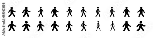 Stick Figure Walking Silhouette Icon Collection - Set of black stick figure silhouettes showing different walking styles and poses, useful for pedestrian symbols, motion concepts, and interface graphi