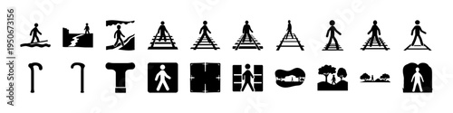 Black Silhouette Activity and Tool Icon Set - Collection of black silhouette icons showing human activities, tools, vehicles, and service symbols useful for maps, signage, and interface design.