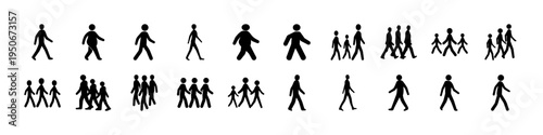 Stick Figure Crowd and Group Silhouette Icons - Black stick figure silhouettes showing groups of people, crowds, gatherings, and walking individuals, useful for population, teamwork, and community con