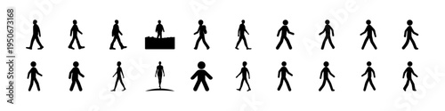 Stick Figure Walking and Podium Presentation Icons - Black stick figure silhouettes showing walking people and a presentation podium scene, useful for communication, speech events, signage, and interf
