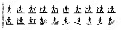 Stick Figure Exercise and Activity Icon Set - Black stick figure silhouettes showing exercise, stretching, lifting, and daily human activities, useful for fitness guides, instructional graphics, and U