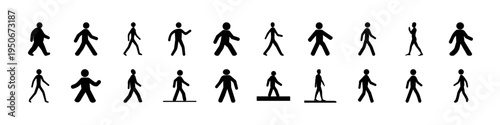Stick Figure Walking Pose Silhouette Icon Set - Black stick figure silhouettes displaying different walking poses and directions, useful for pedestrian signs, motion guides, animation references, and 