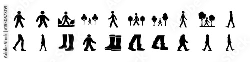 Black Stick Figure Activity and Interaction Icons - Collection of black stick figure silhouettes showing people interacting, exercising, walking, and daily actions, useful for signage, UI design, and 