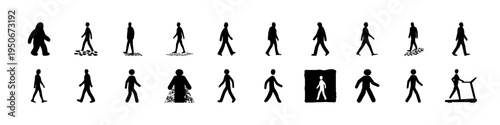 Stick Figure Walking and Accessibility Icon Set - Minimal black stick figure silhouettes showing walking people, wheelchair accessibility, and pedestrian symbols useful for signage, navigation, and in