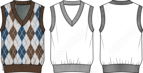 Argyle Knit Vest Technical Sketch, Men's V-Neck Sweater Vest Flat Drawing, Front and Back View
