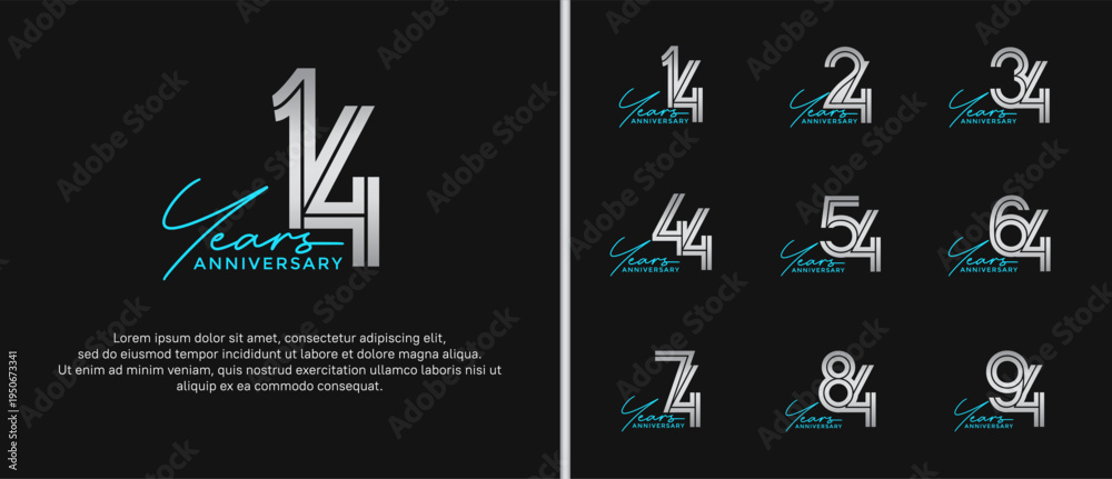 Fototapeta premium anniversary vector logo set, silver color with blue handwriting can be use for celebration