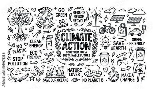 Climate action and environmental protection doodles for a sustainable future