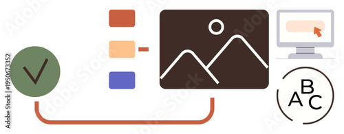 Digital marketing, workflow, creative process, photo curation, task organization, UI design. Graphic showing image selection, checklist and computer interface. Workflow and digital marketing
