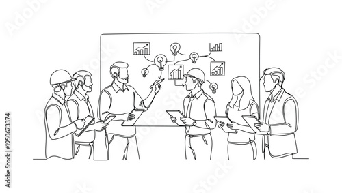 Team of engineers and architects collaborating on a project with a whiteboard presentation