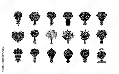 Wedding bouquet cascading style, round posy bouquet icon, hand tied bouquet silhouette, bouquet in vase icon, heart shaped bouquet