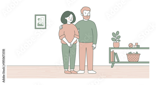 Parents watching child play nearby in calm home setting, two adults standing side by side with gentle smiles and relaxed posture,