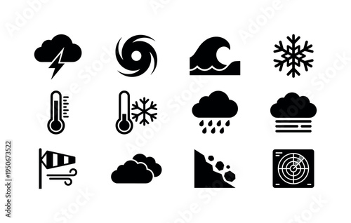 Collection of weather icons representing various natural phenomena and meteorological conditions