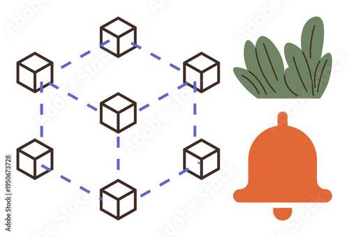 Blockchain, notifications, eco-concepts, technology, communication, connectivity. A network of connected cubes, a bell icon and green leaves . Blockchain and notifications concepts
