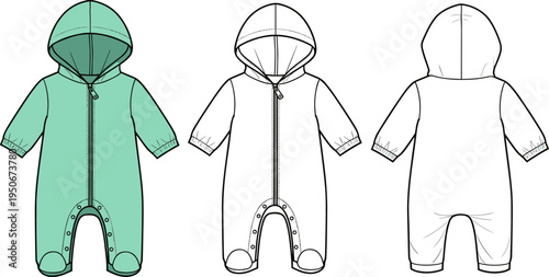 Baby Hooded Romper One Piece Flat Vector Technical Sketch Template Front and Back View