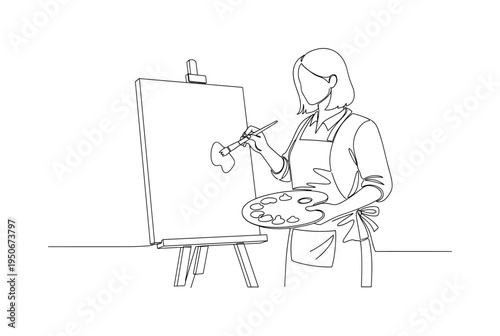 Artist in apron painting on canvas with brush and palette, single line drawing style