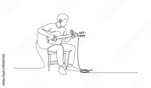 Continuous line drawing of a person playing an acoustic guitar with a tuner attached to the headstock