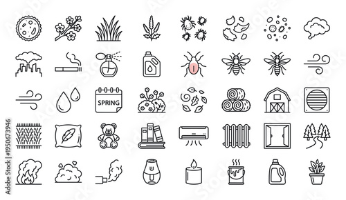 Pollen grain particle, flowering tree branch, grass field blades, ragweed plant stem, dust mites cluster, pet dander flakes, mold