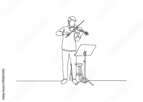 Minimalist line art of a man playing the violin with a music stand and stool