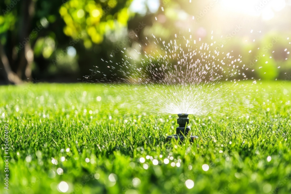 Fototapeta premium Lawn sprinkler system waters grass in the yard during a sunny day with bright sunlight and clear skies