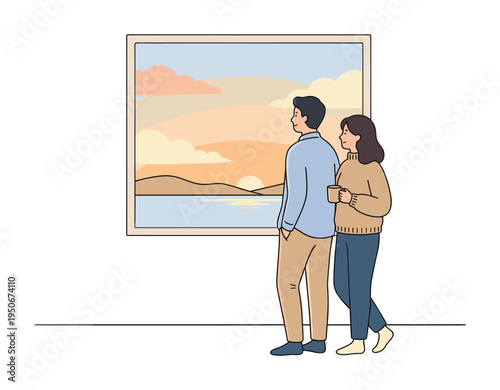 Couple watching sunset together near a window, standing quietly and looking outward with relaxed posture, minimalist flat vector