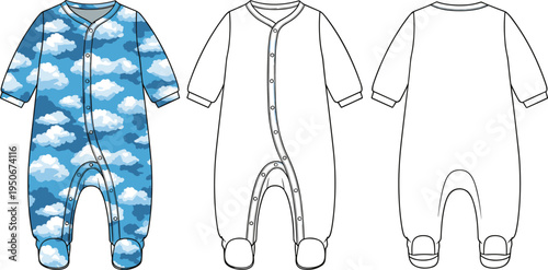 Baby Onesie Technical Flat Sketch Template, Cloud Pattern Infant Bodysuit Fashion Vector