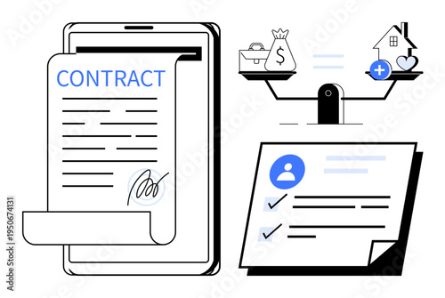 Digital contract concept. Digital contract modern legal processes and electronic signatures. Digital contract highlights compliance standards. For legal tech, business, finance, online agreements