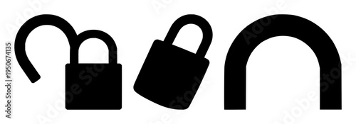 Padlock set with solid black silhouette of heavy-duty industrial padlock in an open position featuring security, access, industrial with black and white