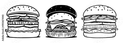 Protein-based meat alternative burger icon set with flat vector design on white background featuring bold borders, sustainable food theme, vegan steak with plant protein and clean lines