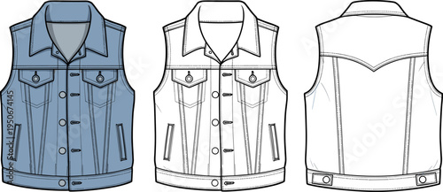 Blue Denim Vest Jacket Flat Technical Sketch, Sleeveless Jean Waistcoat Fashion Design Illustration
