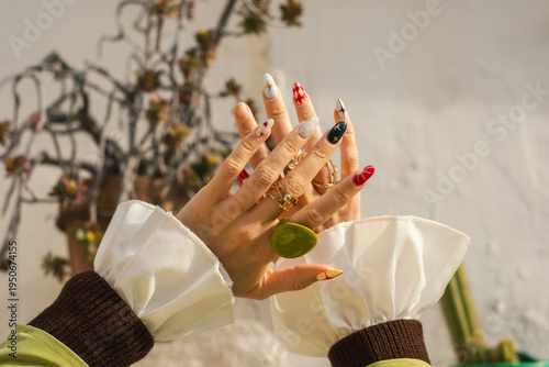 Canvas Print Colorful manicured hands with stylish rings and unique nail art in sunlit garden