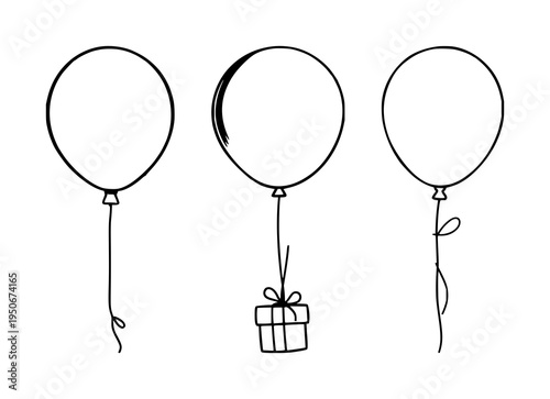 Balloon set with continuous line illustration of a helium balloon silhouette featuring holiday festivities, gift presentation, birthday party decor with single stroke drawing and vector design