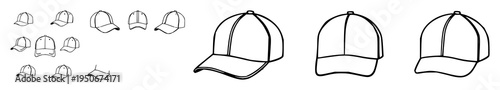 Baseball hat set with sleek black logo icon design featuring baseball, hat, logo elements with vector illustration and graphic design