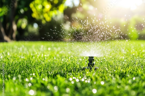 Lawn sprinkler system waters grass in the yard during a sunny day with bright sunlight and clear skies
