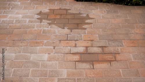 Fényképezés Brick paver patio with a central wet spot, efflorescence, and construction marks