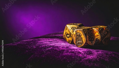 A captivating trio of oversized custom-made golden dice featuring unique etched symbols, beautifully resting on a rich, plush purple velvet surface.