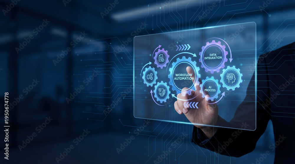 Fototapeta premium Enterprise workflow automation concept with glowing digital process diagram and connected gears interface