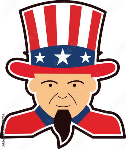Cartoon flat style icon of uncle sam in patriotic colors with striped top hat
