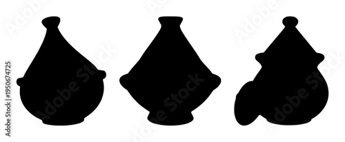 Tagine pot set with solid black silhouette showing bold smooth curves featuring North African heritage, culinary icon, black line art with simple illustration and monochrome