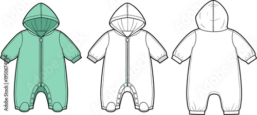 Infant Hooded Onesie Technical Sketch, Baby Romper Snowsuit Flat Vector Illustration Set