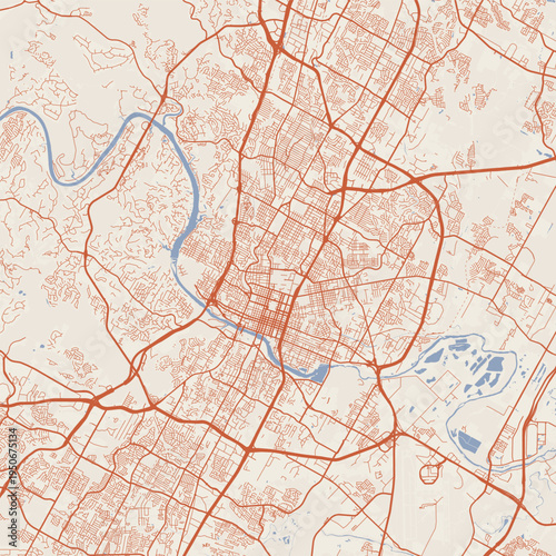 Austin City Map Sophisticated Geometric Urban Topography Featuring Meticulous Linework and Balanced Composition in a Timeless Minimalist Terracotta Earth Blueprint Aesthetic for Home Decor.