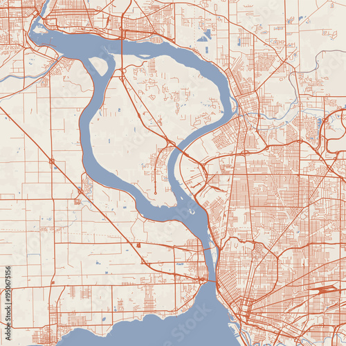 Buffalo Niagara City Map Sophisticated Geometric Urban Topography Featuring Meticulous Linework and Balanced Composition in a Timeless Minimalist Terracotta Earth Blueprint Aesthetic for Modern Decor.
