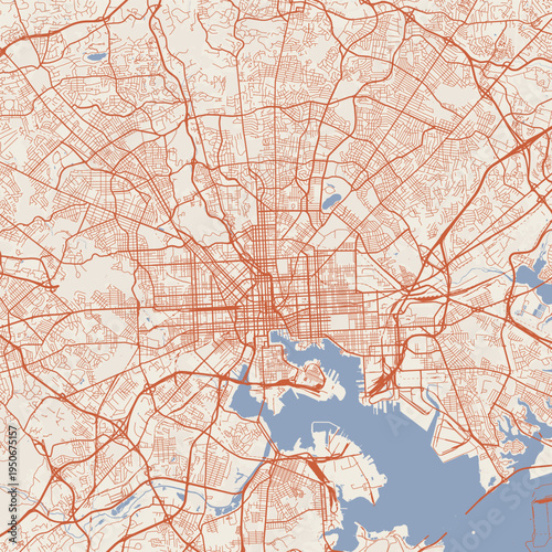 Baltimore City Map Sophisticated Geometric Urban Topography Featuring Meticulous Linework and Balanced Composition in a Timeless Minimalist Terracotta Earth Blueprint Aesthetic for Art Galleries.