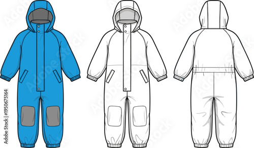 Kids Snowsuit Technical Fashion Flat Sketch Illustration, Toddler Winter Jumpsuit Template